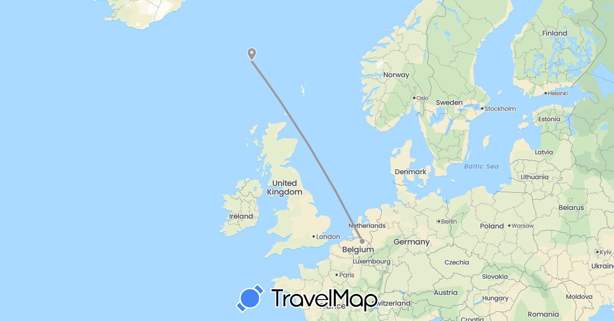 TravelMap itinerary: driving, plane in Belgium, Faroe Islands (Europe)